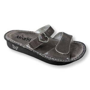 Alegria Women's Karmen Metallic Silver Rhinestone Heart Adjustable Sandals